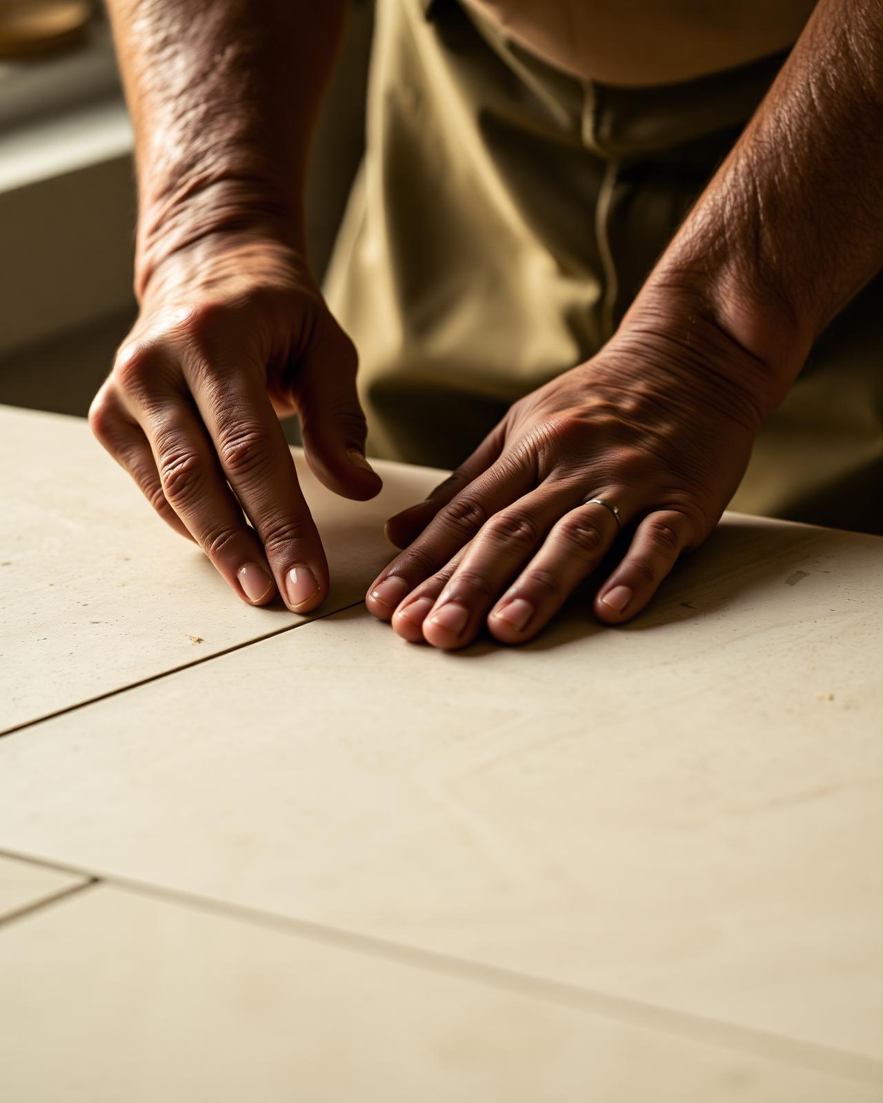 Hands of a craftsman placing a stone tile